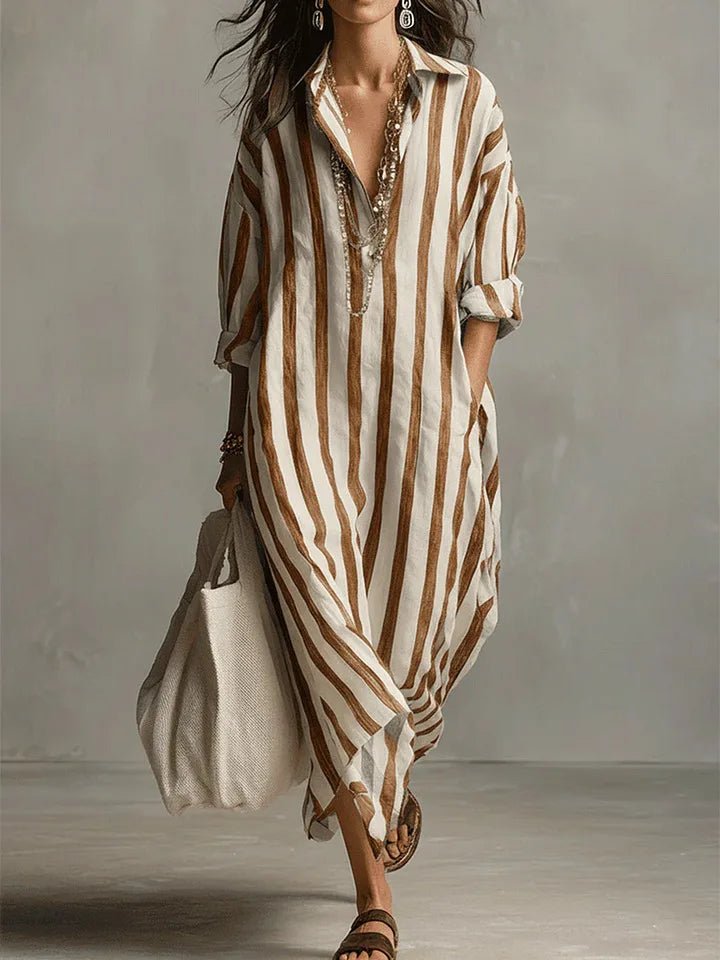 Women's Striped Maxi Shirt Dress - Earthy Yellow