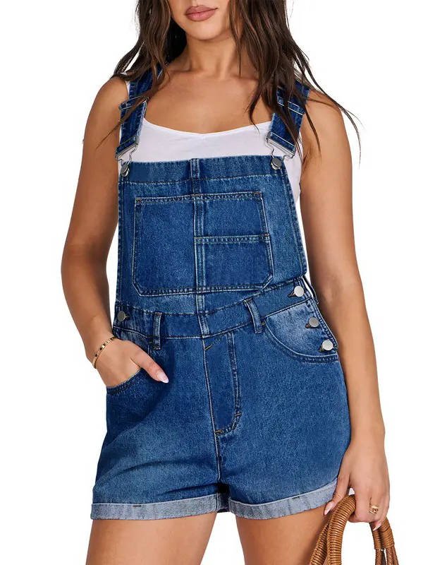 Women's Adjustable Denim Overall Shorts - Dark blue
