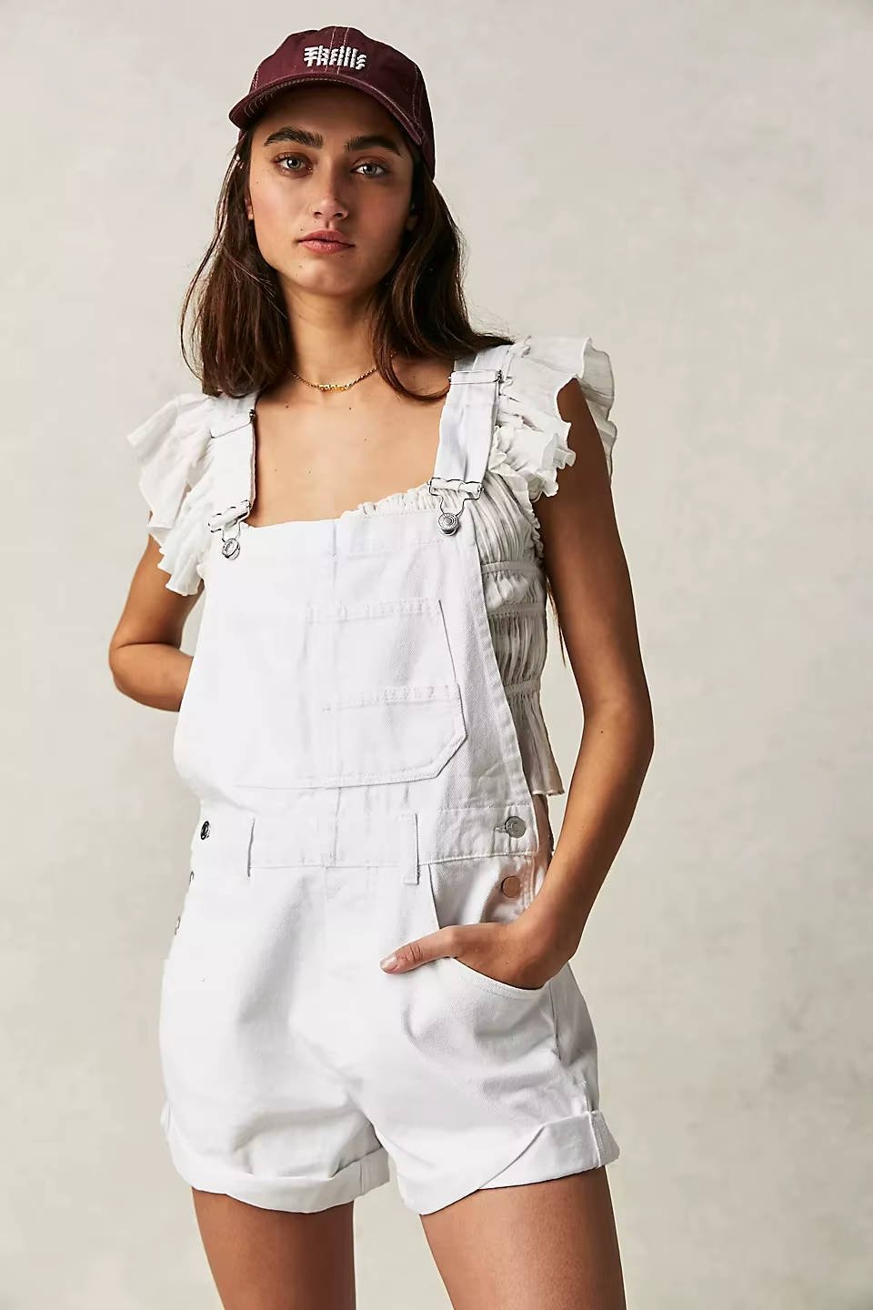 Women's Adjustable Denim Overall Shorts - White