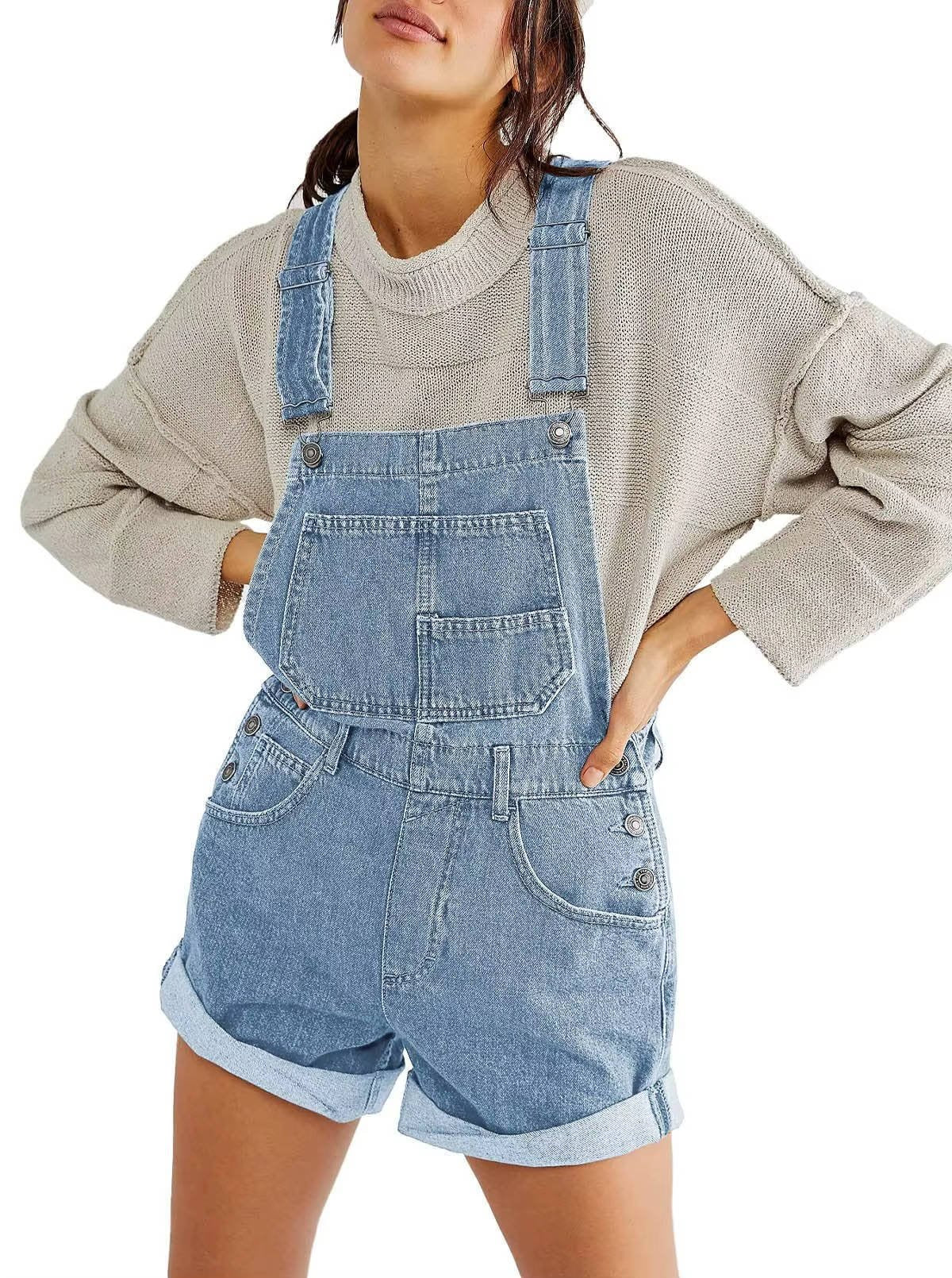 Women's Adjustable Denim Overall Shorts - Light blue