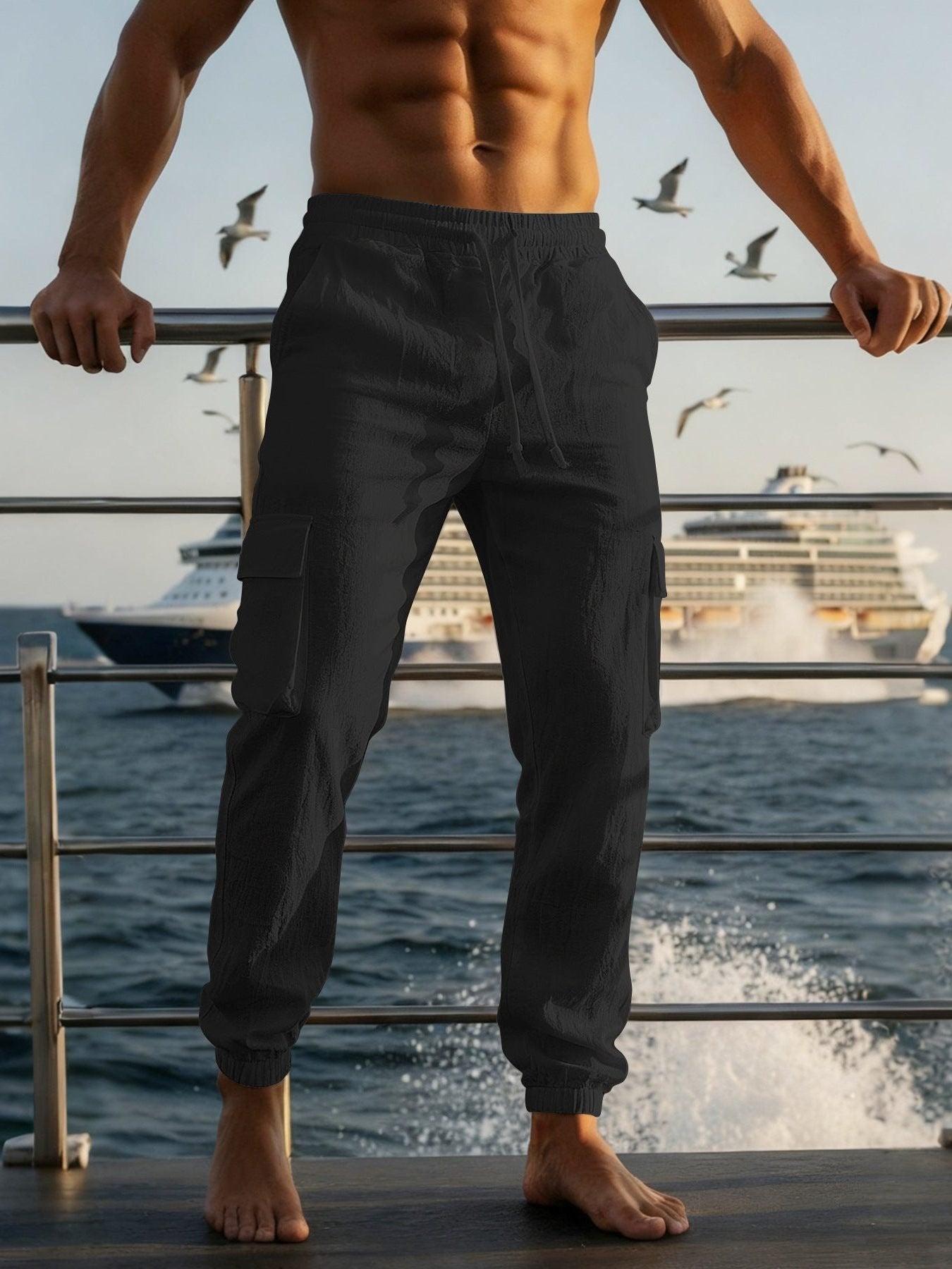Men's Linen Cargo Joggers - Black
