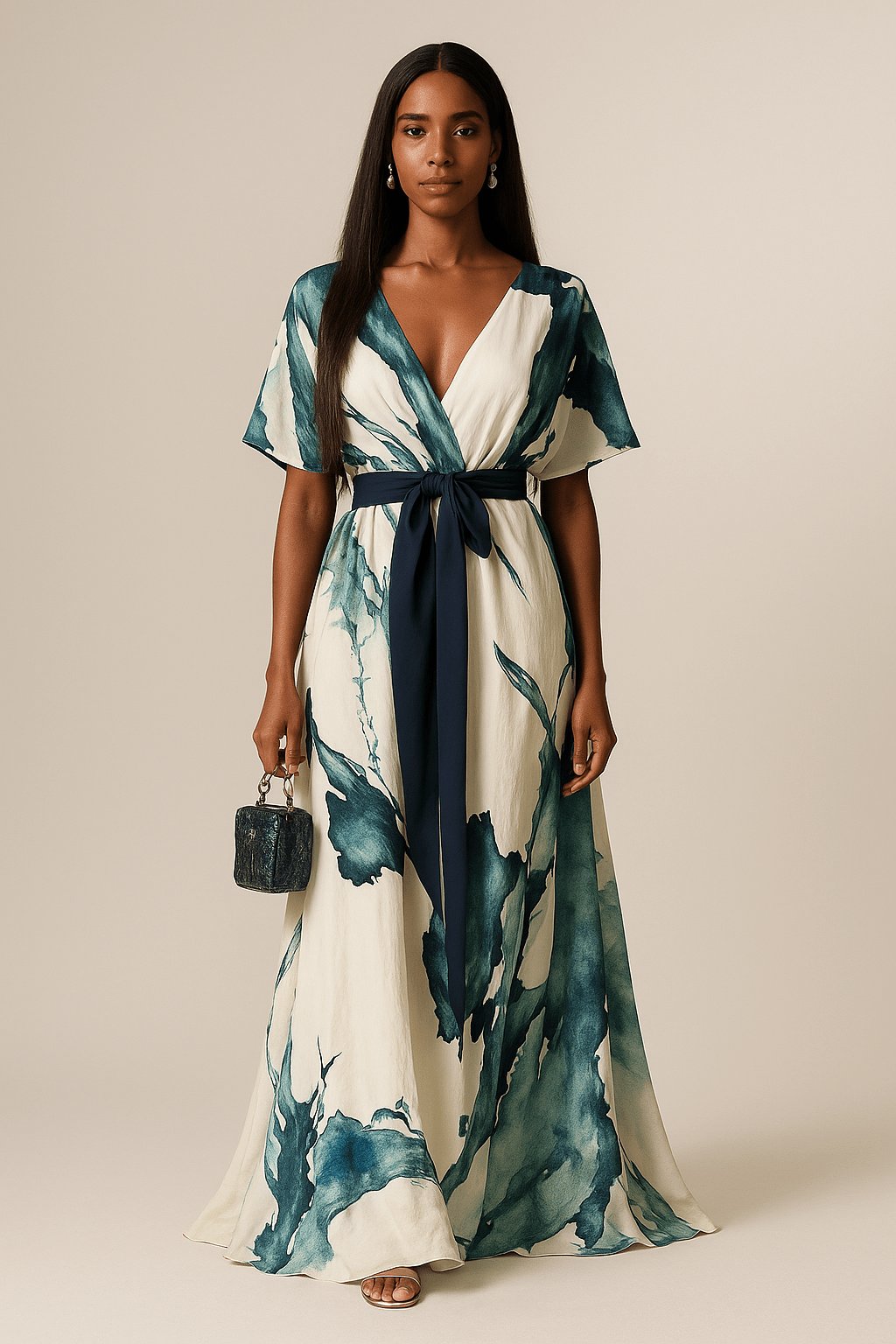 Women's Watercolor Wrap Maxi Dress - Green