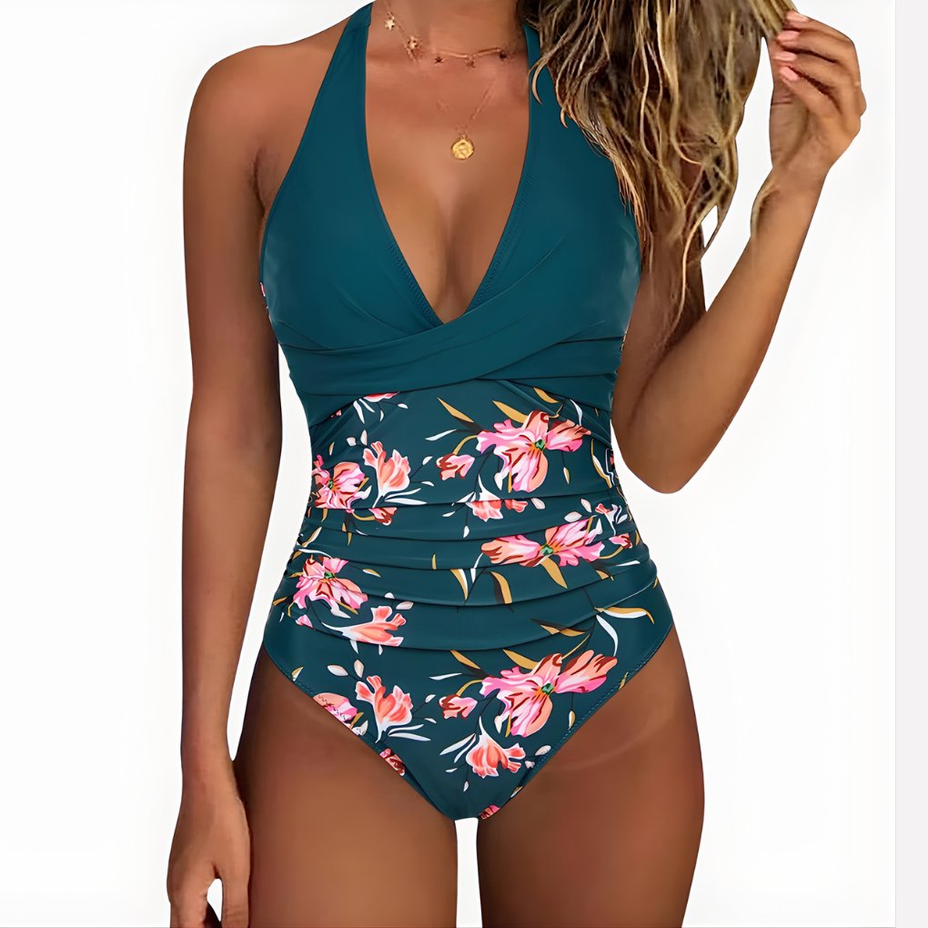 Women's Halter One-Piece Swimsuit - Green/Pink Floral
