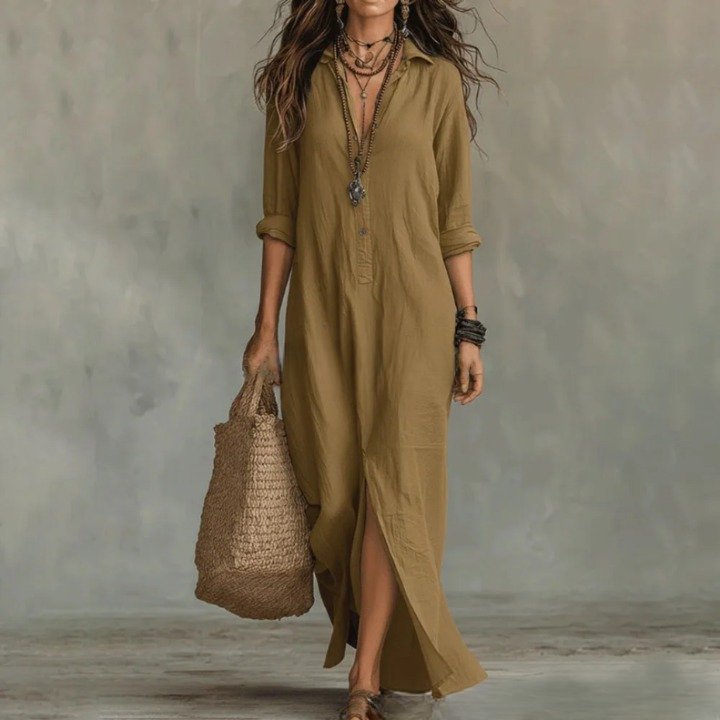 Women's Maxi Shirt Dress - Khaki