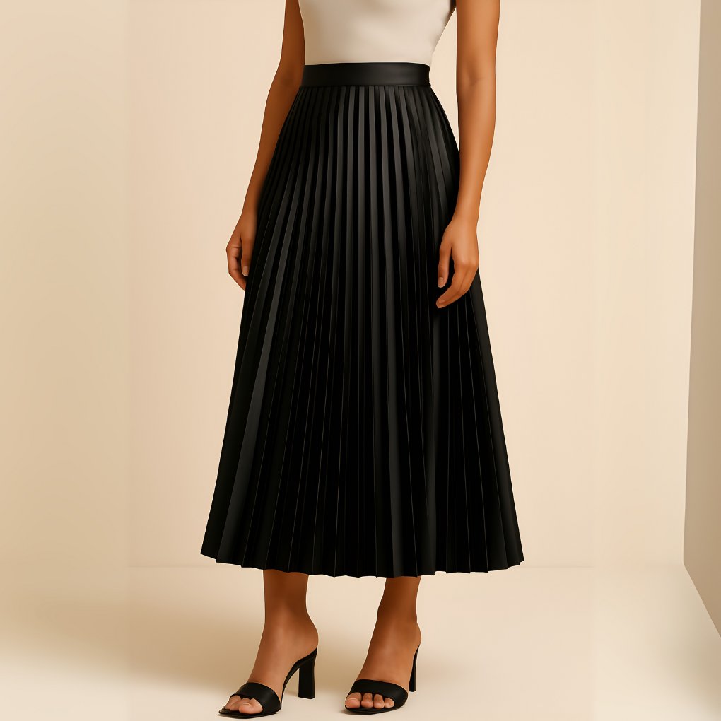 Women's Pleated Faux Leather Midi Skirt - Black