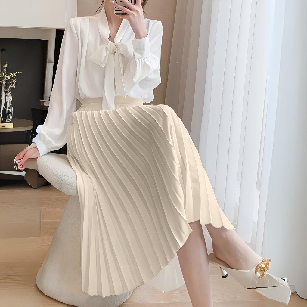 Women's Pleated Faux Leather Midi Skirt - Beige
