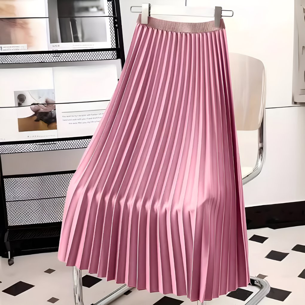 Women's Pleated Faux Leather Midi Skirt - Pink