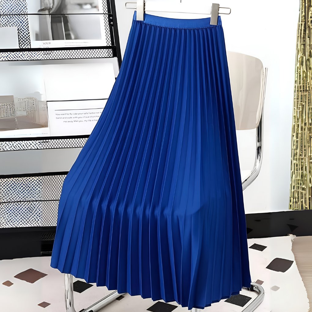 Women's Pleated Faux Leather Midi Skirt - Blue