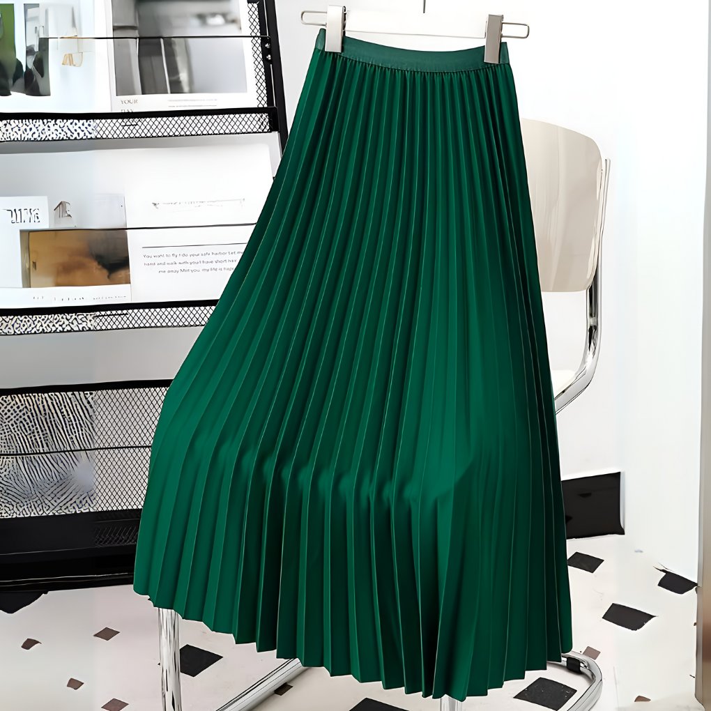 Women's Pleated Faux Leather Midi Skirt - Green