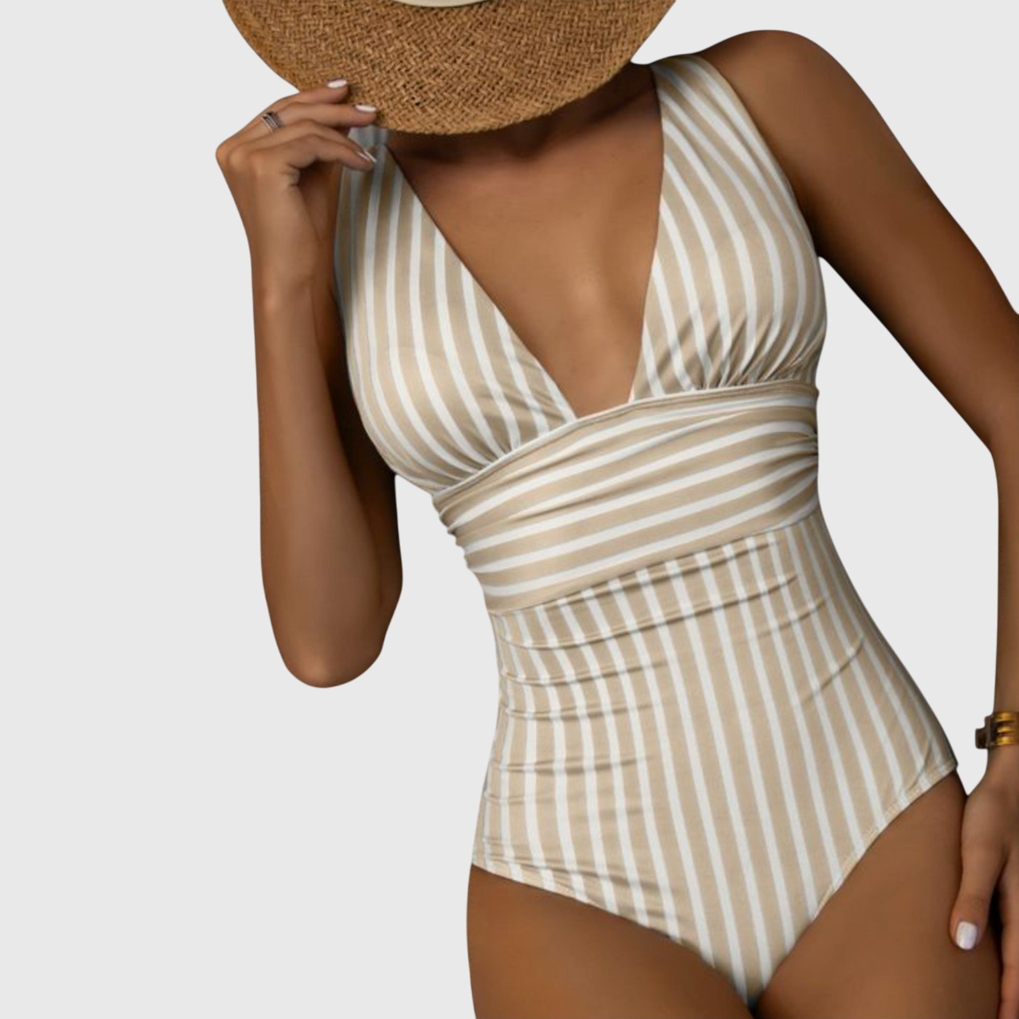 Women's Striped V-Neck Swimsuit - Beige