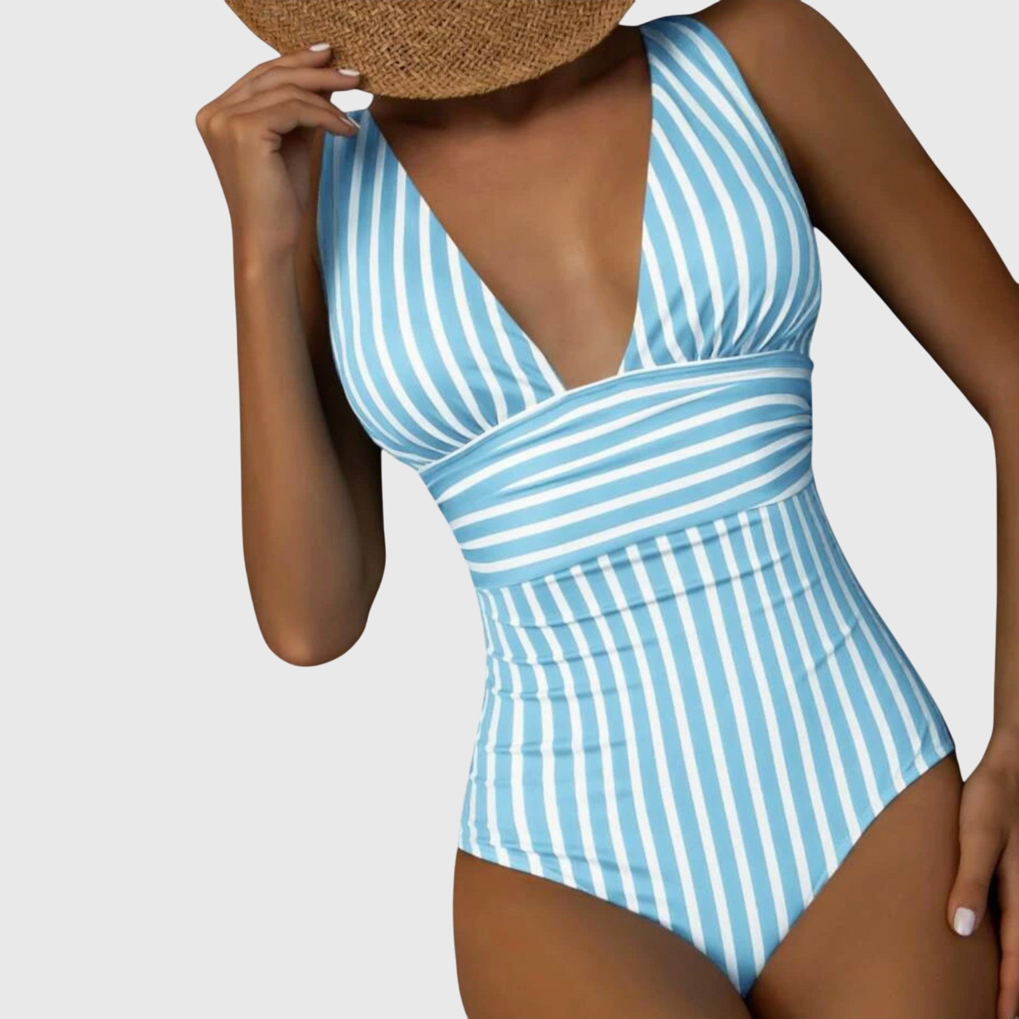 Women's Striped V-Neck Swimsuit - Light Blue