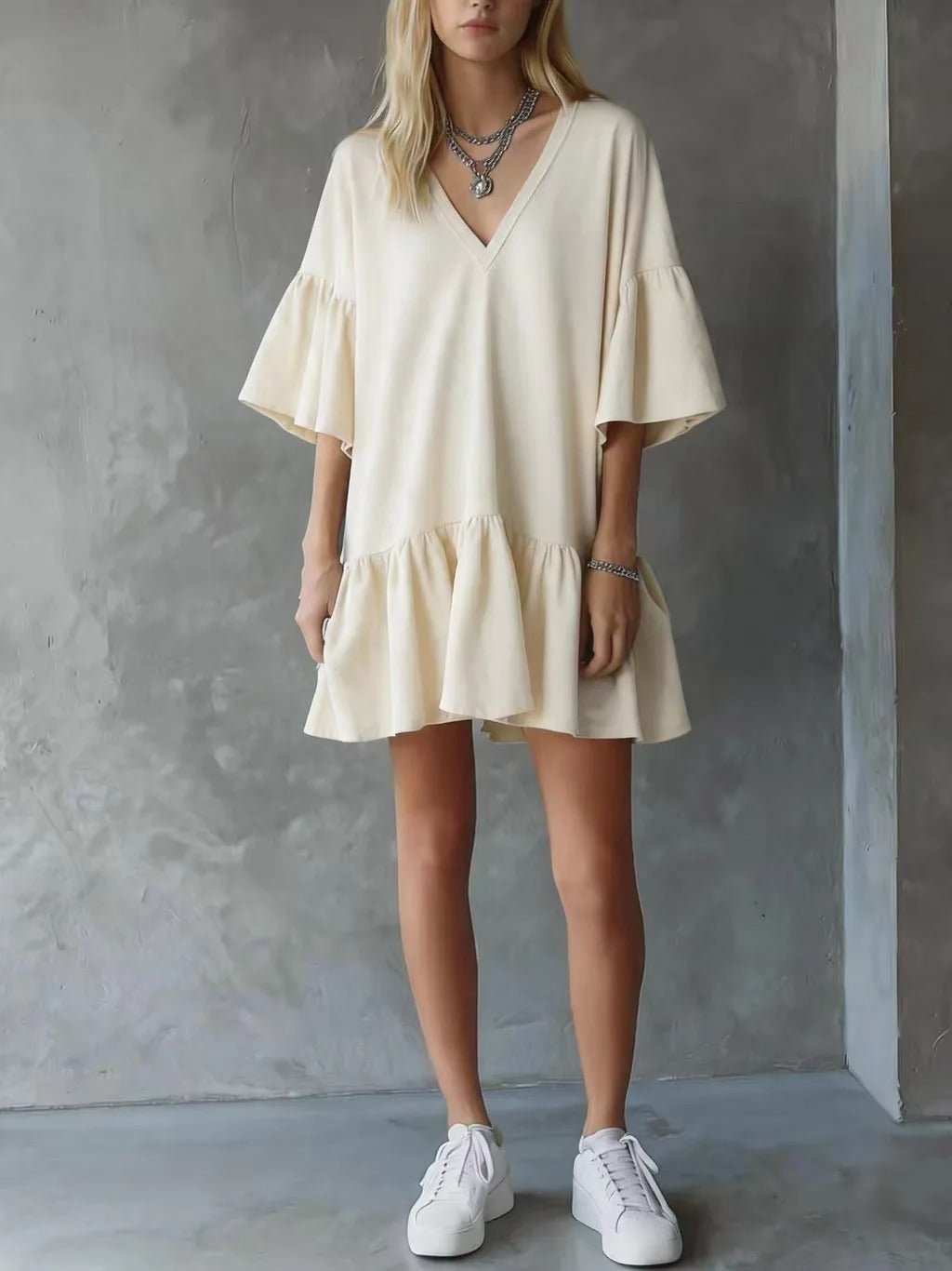 Women's V-Neck Mini Dress - Beige