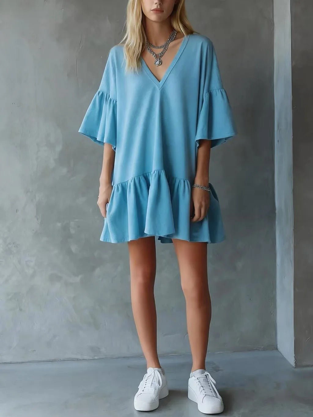 Women's V-Neck Mini Dress - Sky Blue