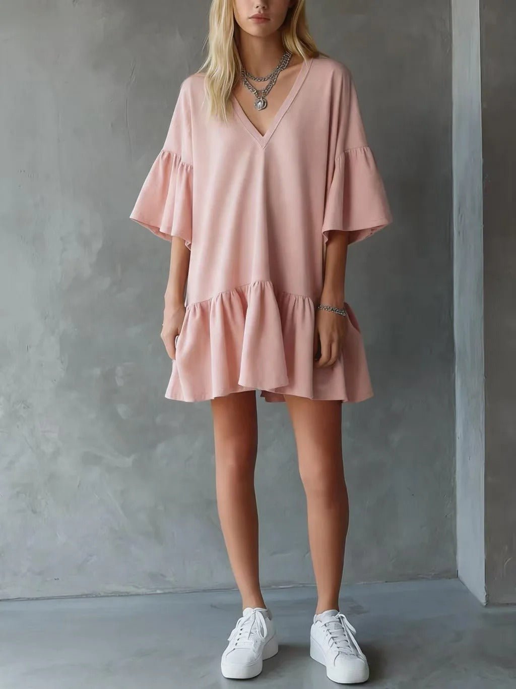 Women's V-Neck Mini Dress - Pink