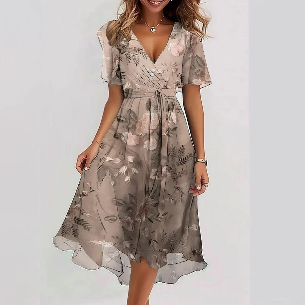 Floral Wrap Midi Dress - Beige