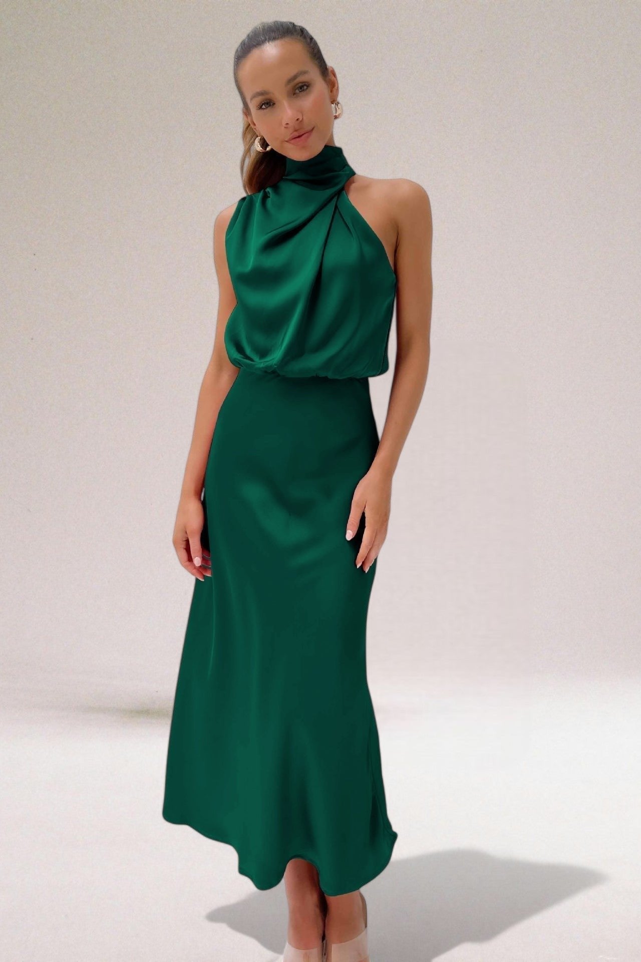 Women's Halter Satin Maxi Dress - Green