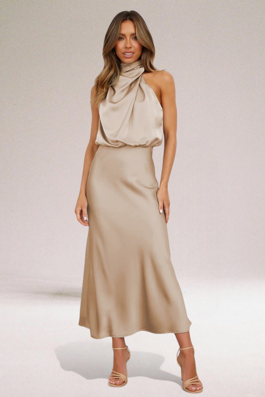 Women's Halter Satin Maxi Dress - Beige