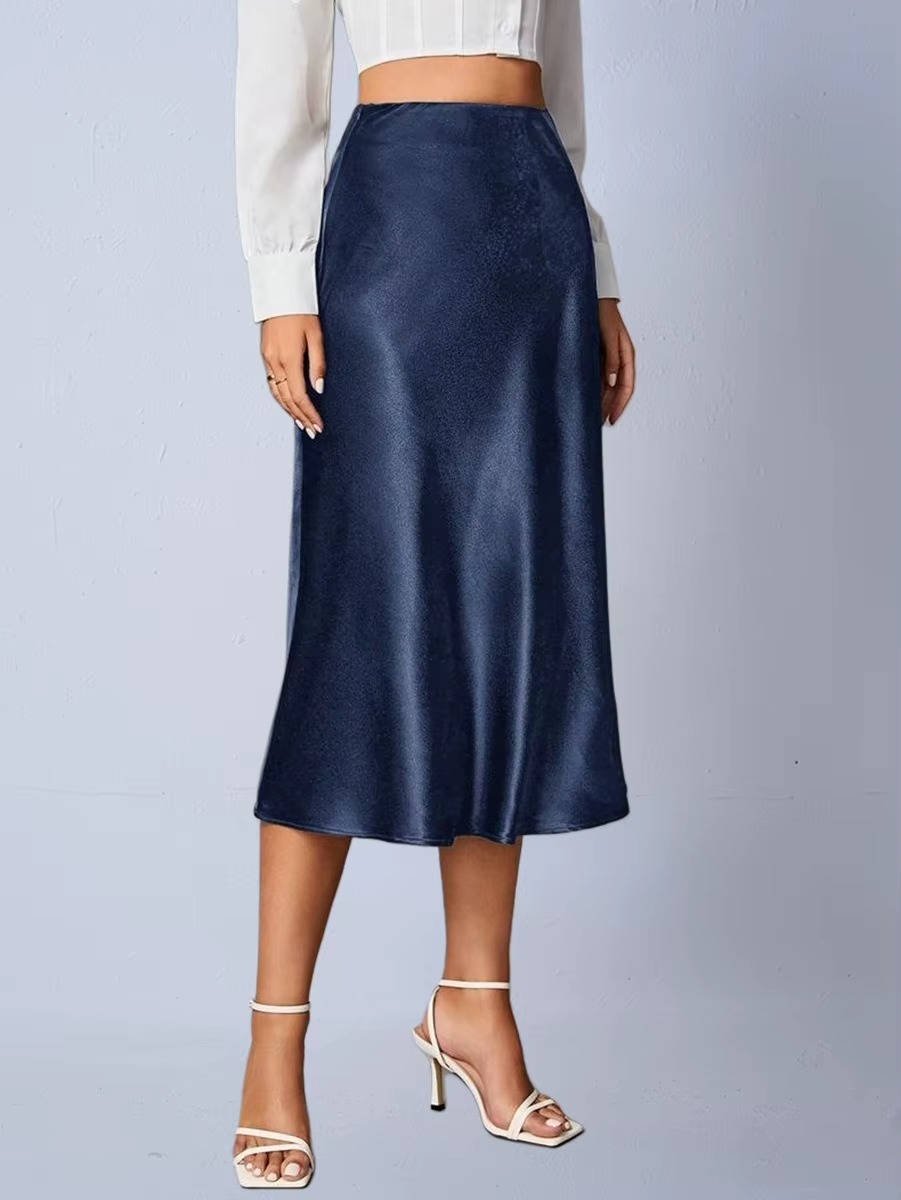 Women's High-Waisted Satin Midi Skirt - Navy