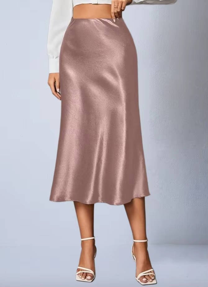 Women's High-Waisted Satin Midi Skirt - Pink