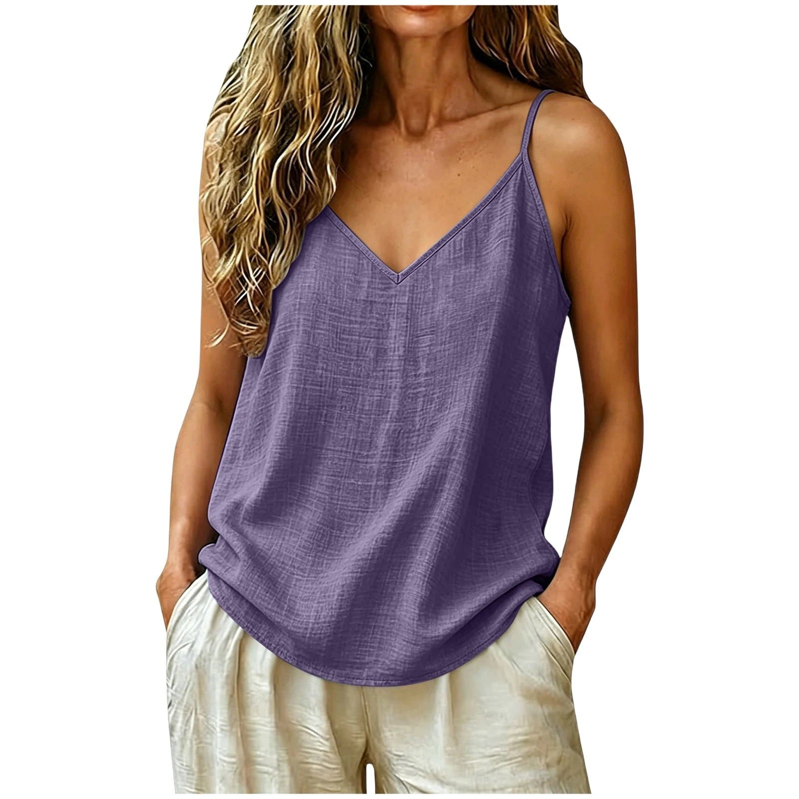 Women's Linen Blend V-Neck Tank Top - Purple