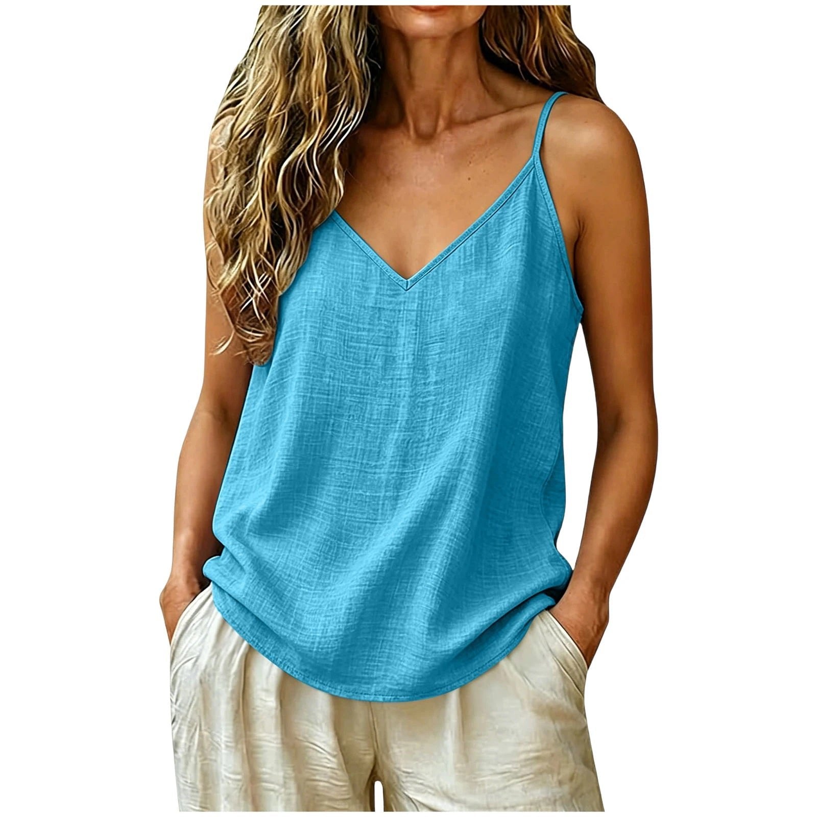 Women's Linen Blend V-Neck Tank Top - Sky Blue