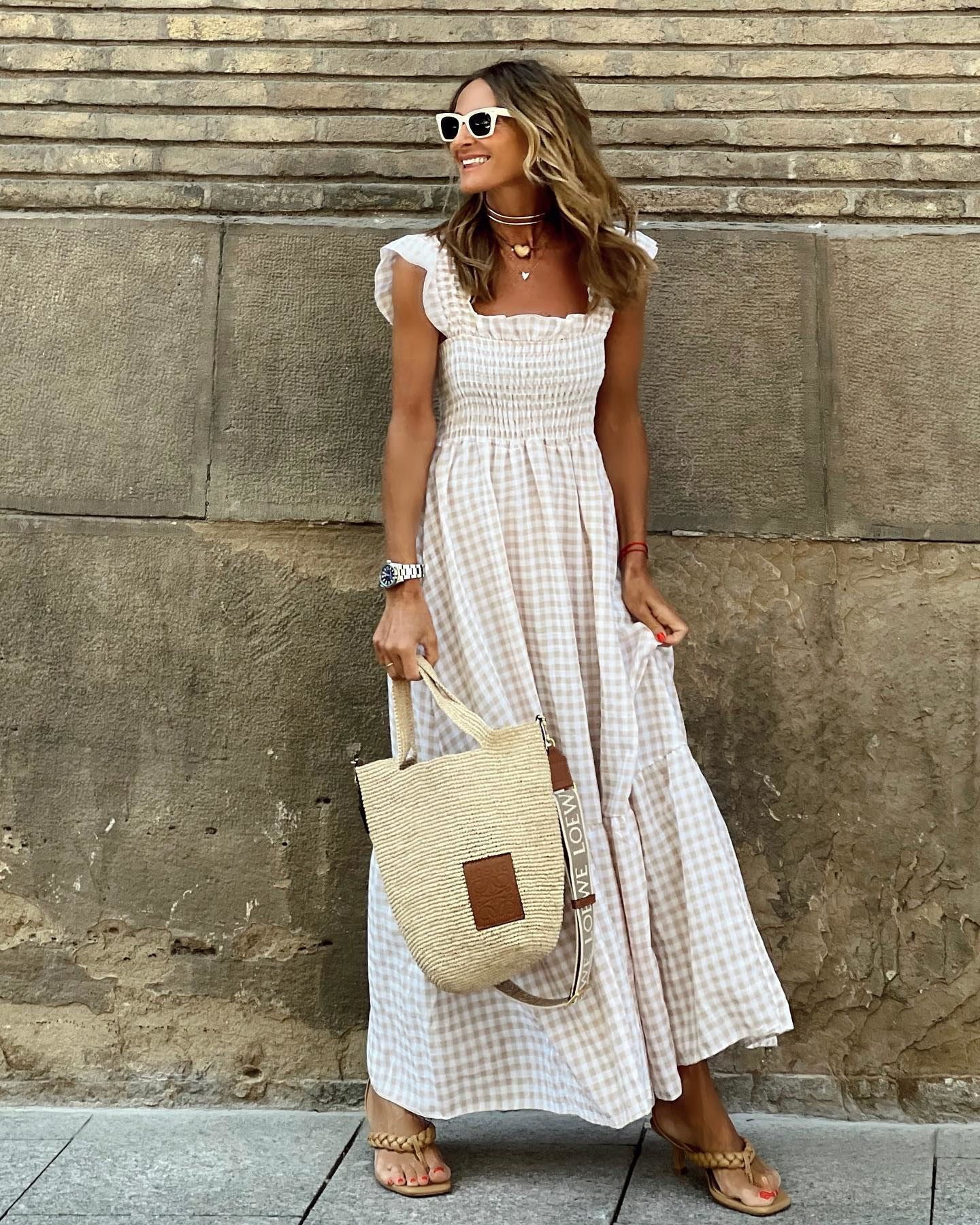 Women's Square Neck Maxi Dress - Beige
