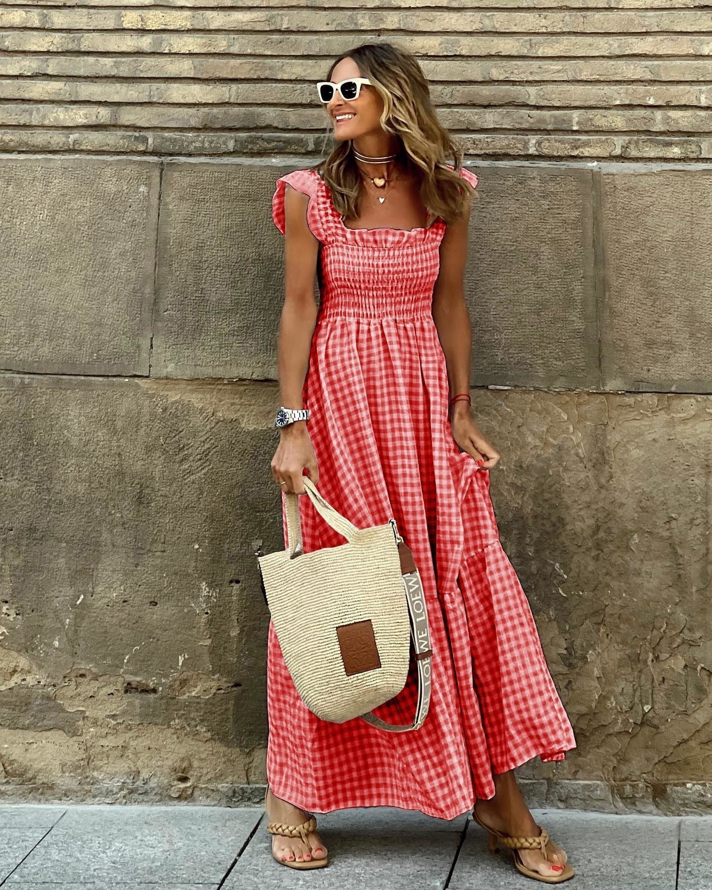 Women's Square Neck Maxi Dress - Red