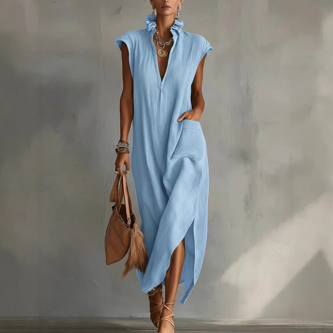 Women's V-Neck Maxi Shirt Dress - Sky Blue