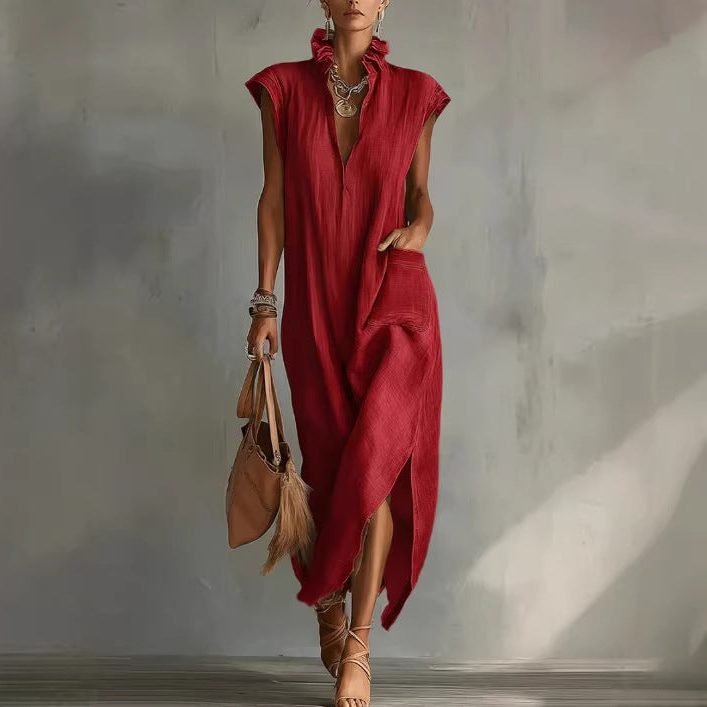 Women's V-Neck Maxi Shirt Dress - Red