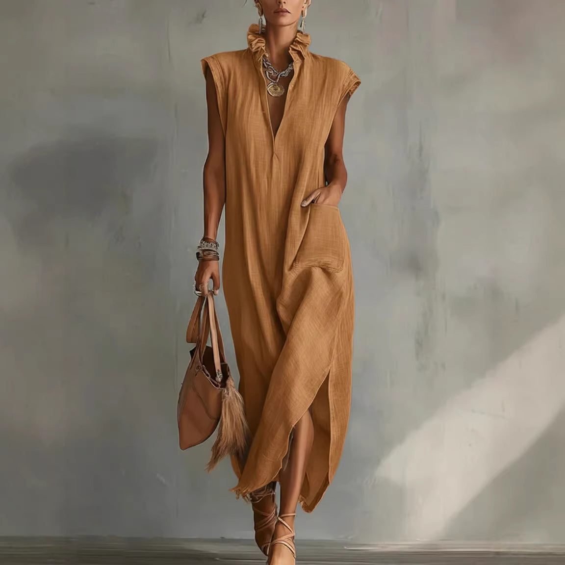 Women's V-Neck Maxi Shirt Dress - Orange