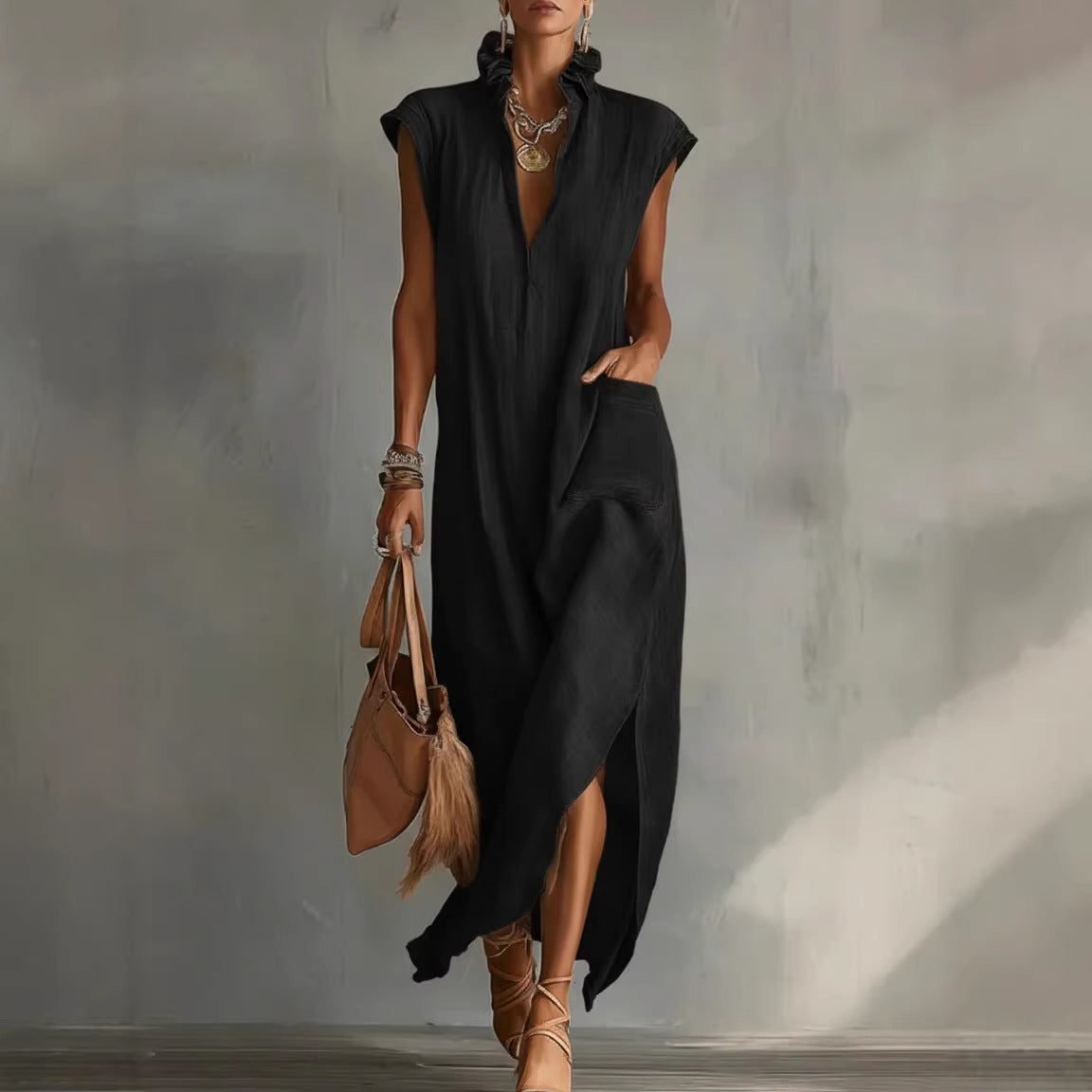 Women's V-Neck Maxi Shirt Dress - Black