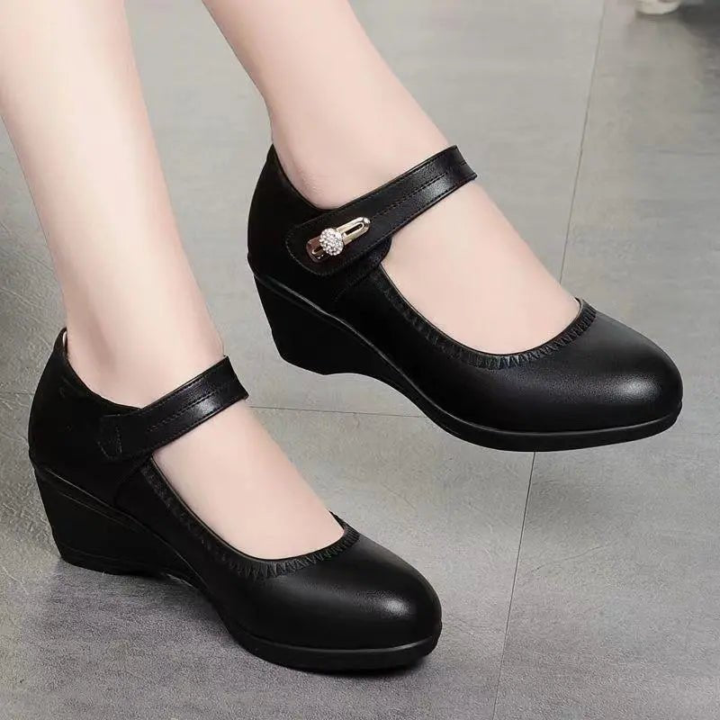 Women's Faux Leather Mary Jane Wedges - Black