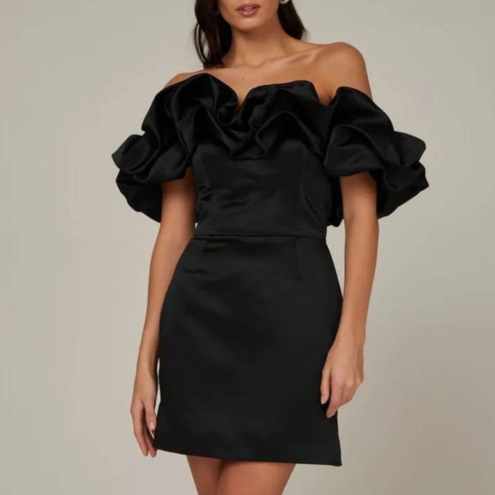 Women's Off-Shoulder Satin Mini Dress - Black