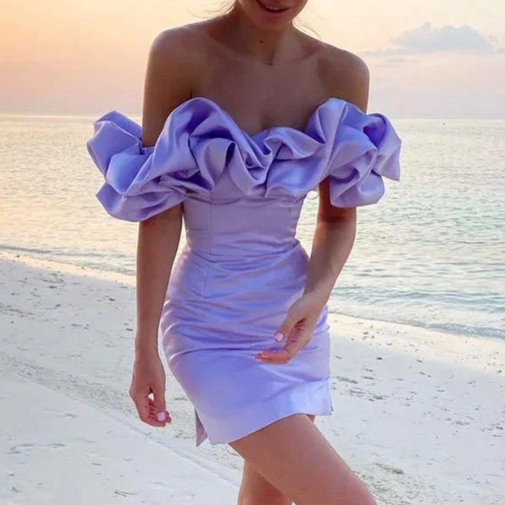 Women's Off-Shoulder Satin Mini Dress - Purple