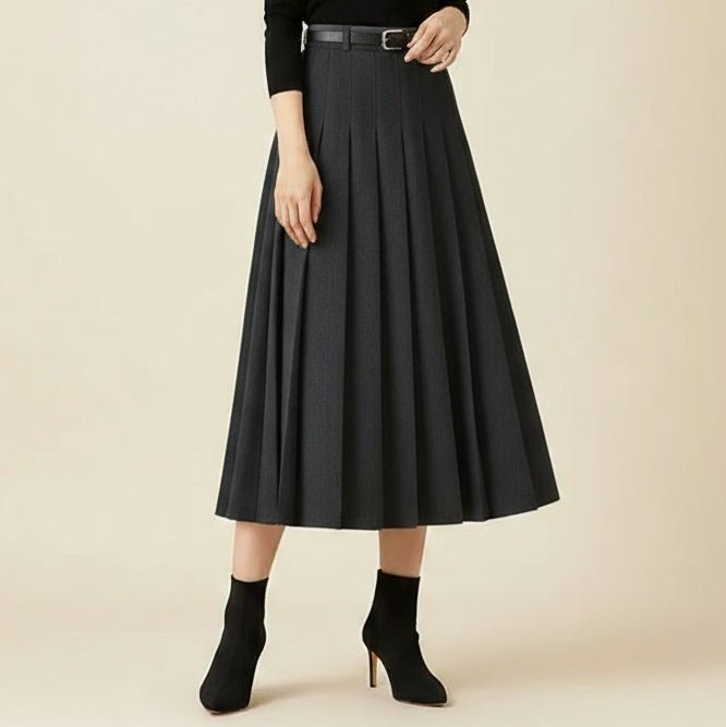 Women's Pleated High-Waisted Midi Skirt - Black