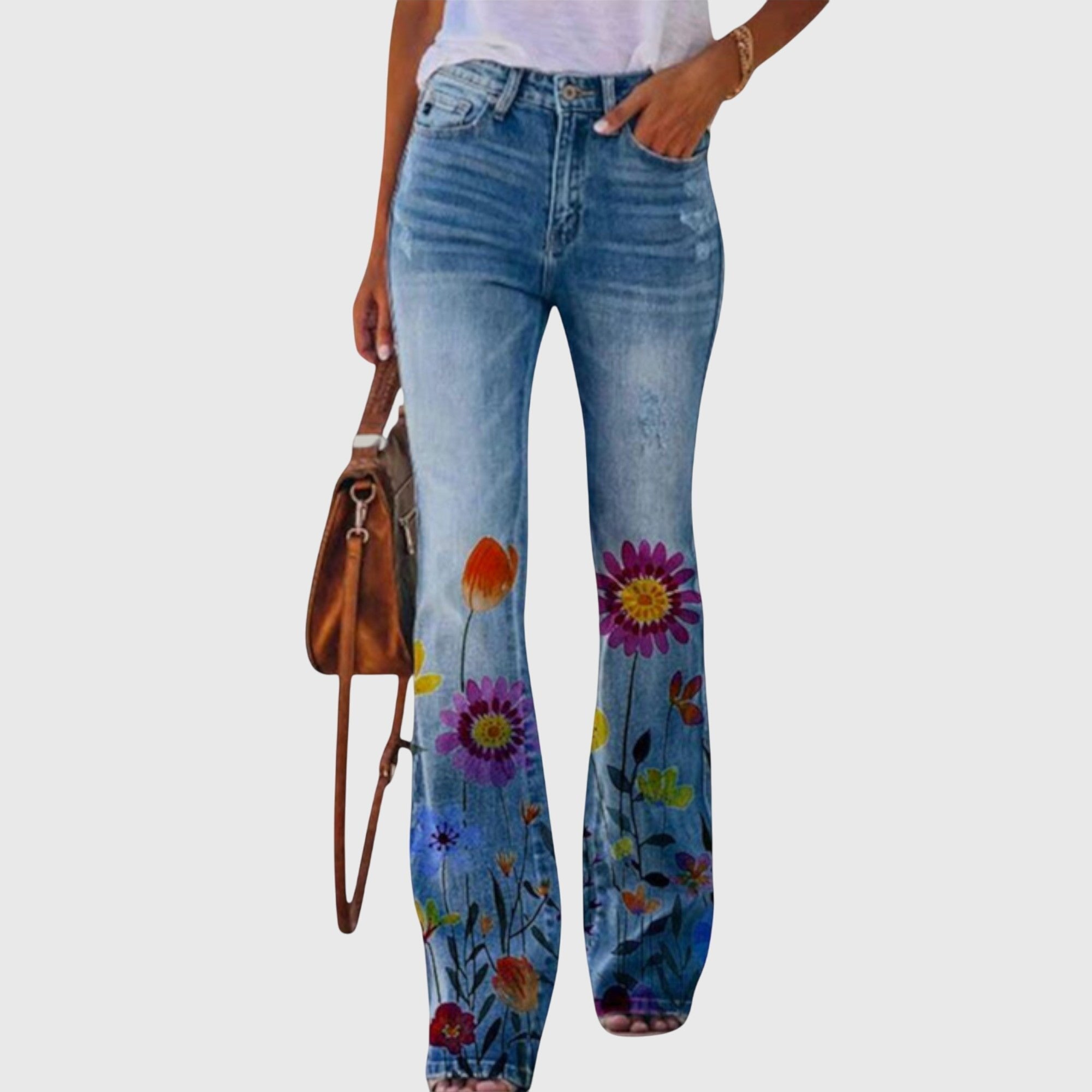 Women's Floral High-Waisted Jeans - Red Flower