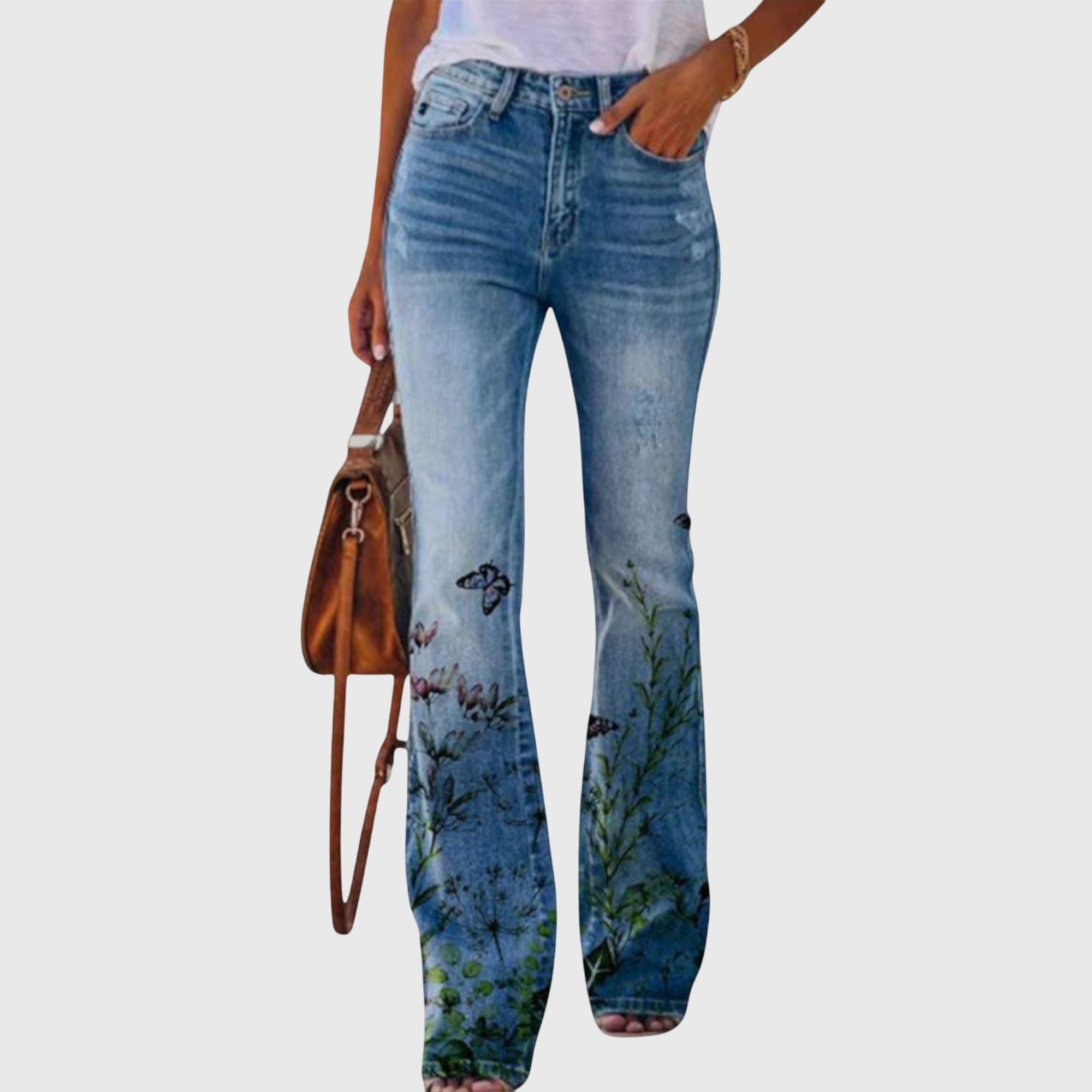 Women's Floral High-Waisted Jeans - Black Butterfly
