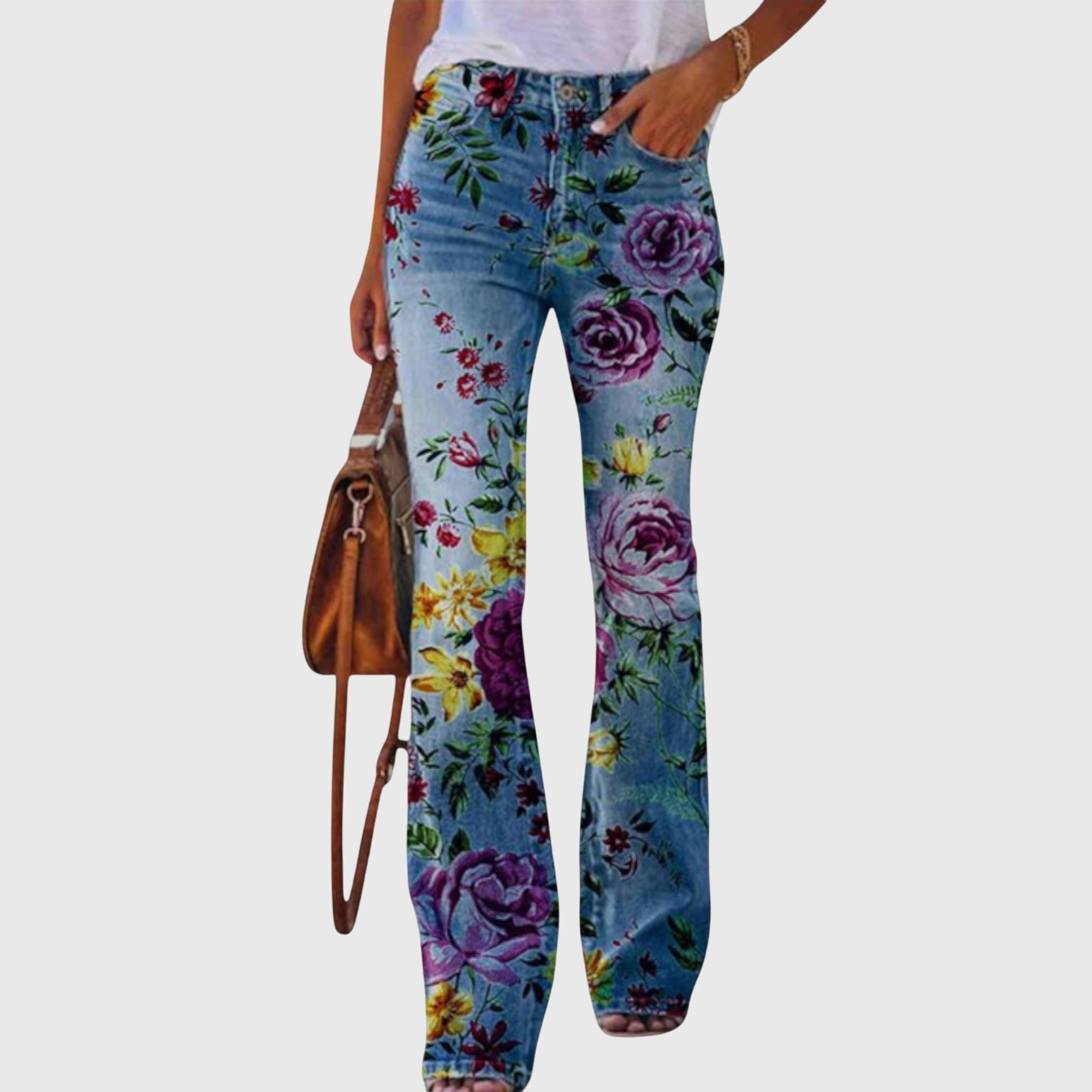 Women's Floral High-Waisted Jeans - Purple Flower