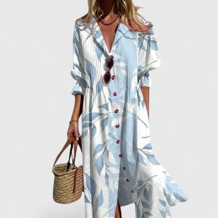 Women's Floral Maxi Shirt Dress - Skyblue