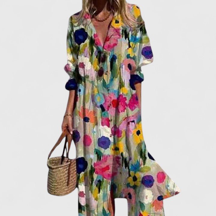 Women's Floral Maxi Shirt Dress - Multicolored 1