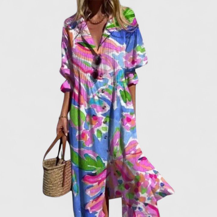 Women's Floral Maxi Shirt Dress - Red