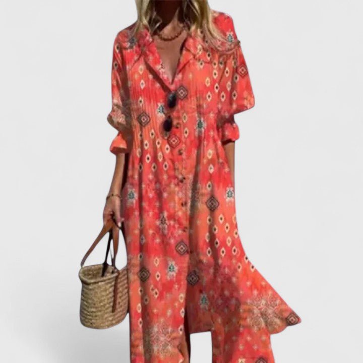 Women's Floral Maxi Shirt Dress - Rouge
