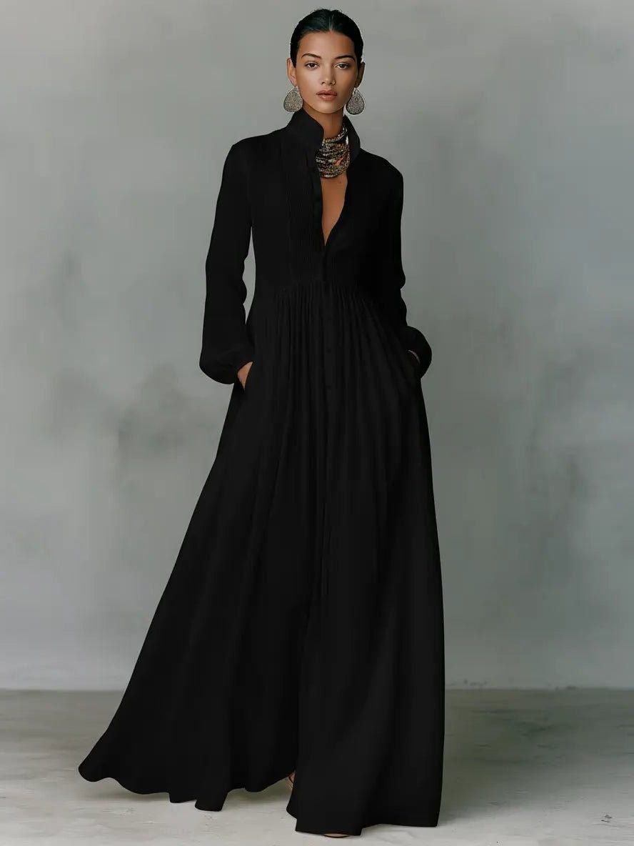 Women's Flowy Maxi Shirt Dress - Black