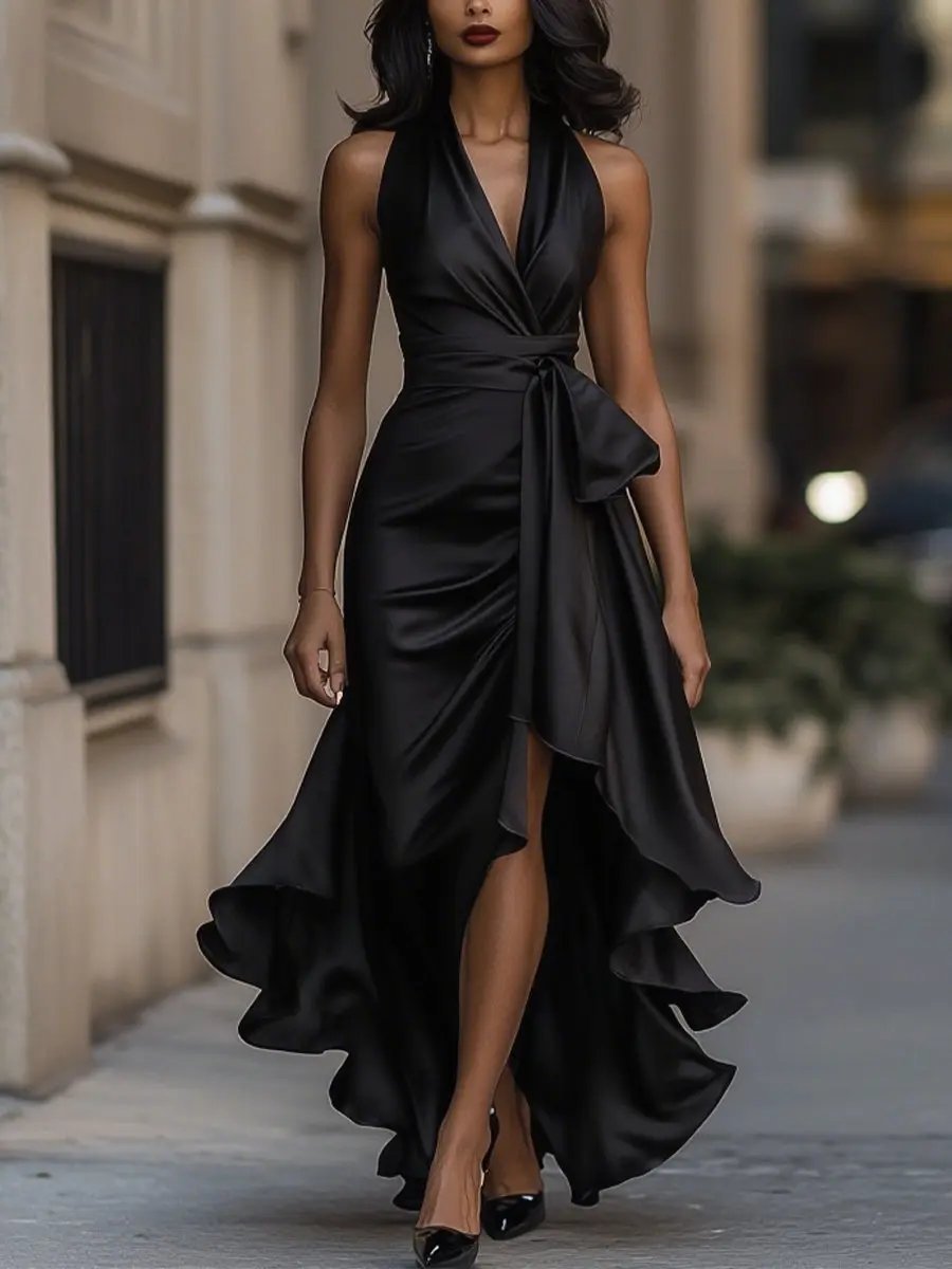 Women's Satin Halter Maxi Dress - Black