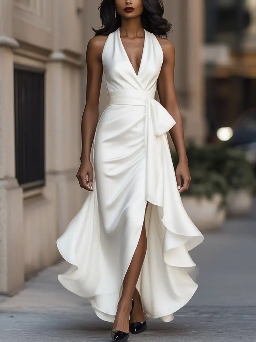 Women's Satin Halter Maxi Dress - White