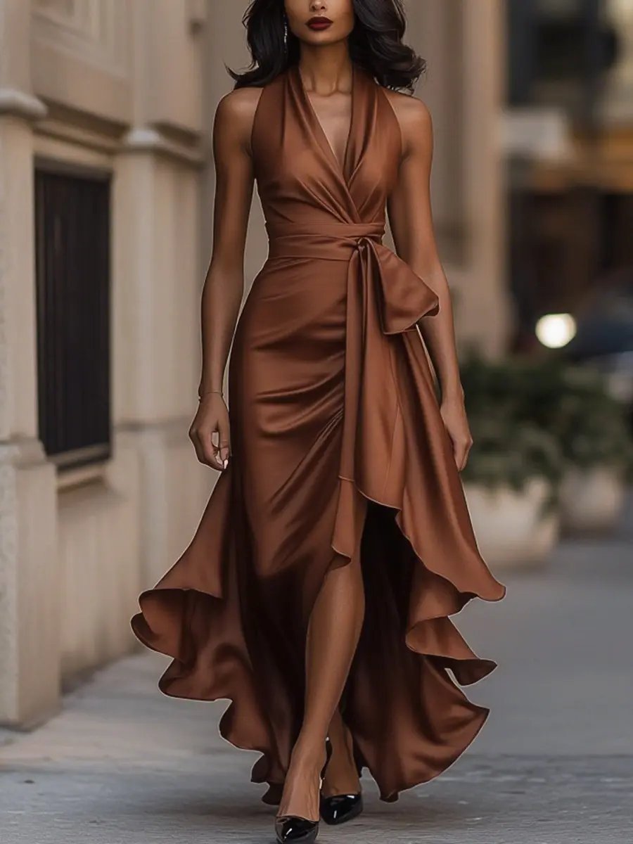 Women's Satin Halter Maxi Dress - Brown