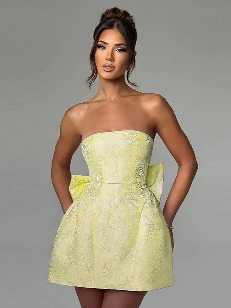 Women's Floral Jacquard Cocktail Mini Dress - Yellow