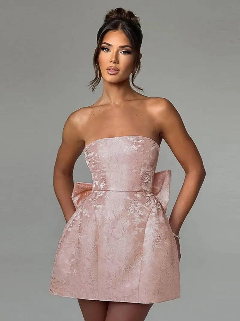 Women's Floral Jacquard Cocktail Mini Dress - Baby Pink