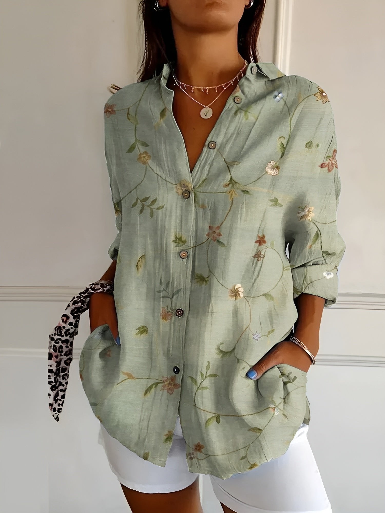 Women's Floral V-Neck Blouse - Green