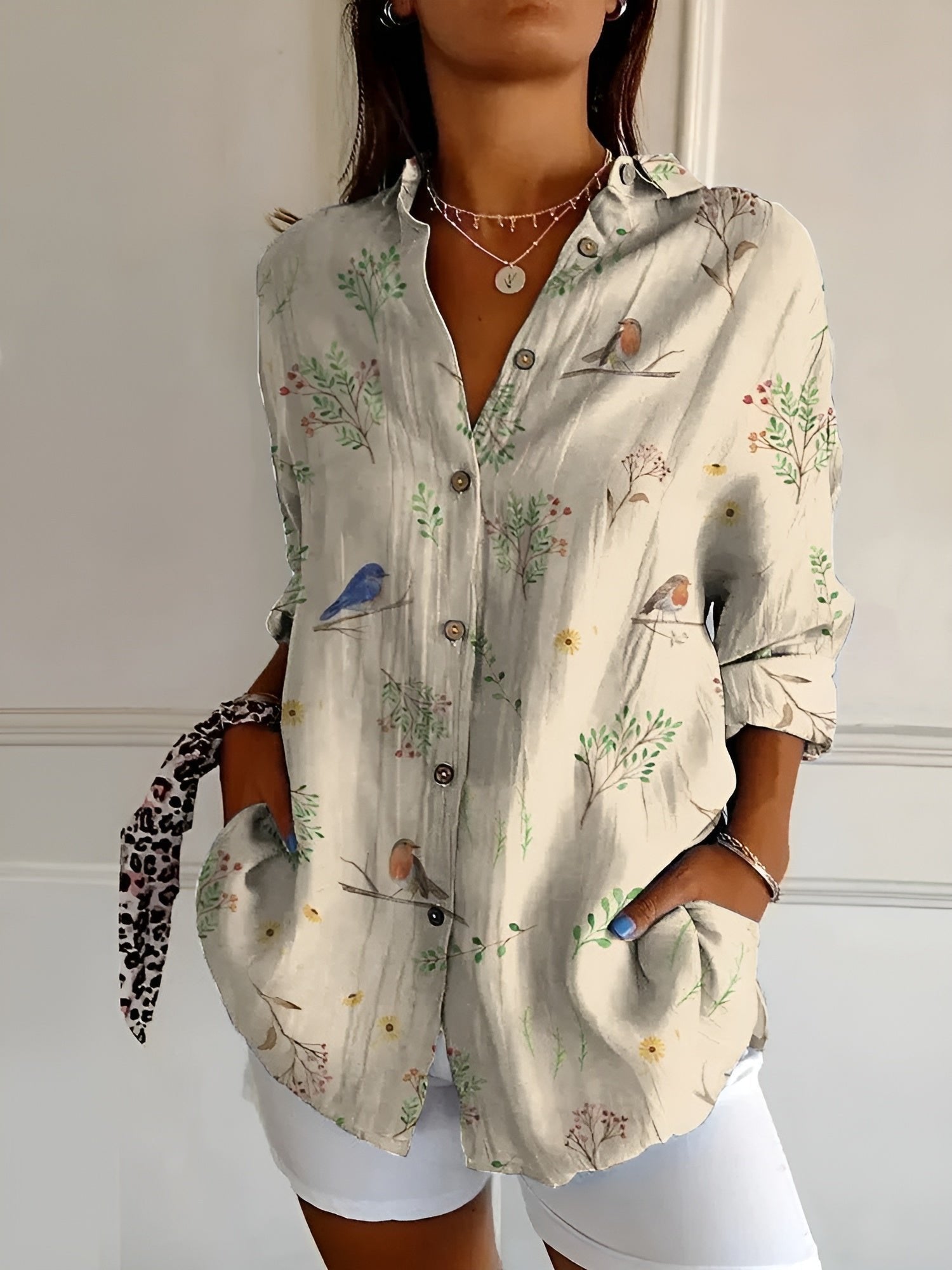 Women's Floral V-Neck Blouse - Birds